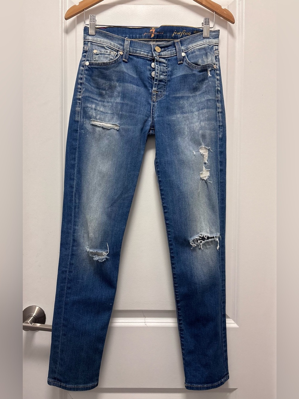 7 for ALL MANKIND Distressed Button-Fly Blue Jeans